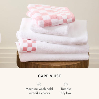 MACKENZIE-CHILDS Cotton Bath Towel, Washable Bath Towel for Bathroom Decor, 27" x 56", Pink-and-White Rose Check Border