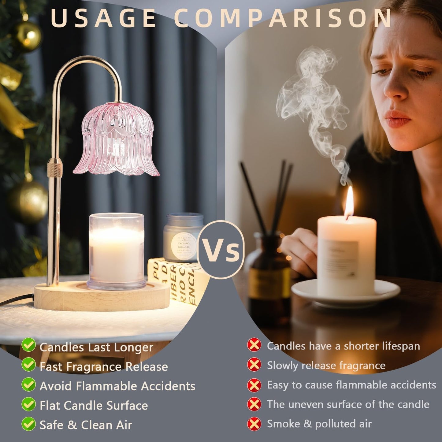 Candle Warmer Lamp with Timer: Flower Shape Wax Lamp Candles No Flame Home Decor Pink Candles Warming Lights