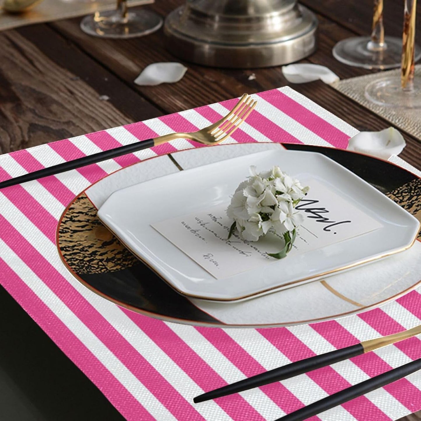 ALAZA Pink White Striped Set of 6 Placemats Rectangle Table Mat for Dining Table Restaurant Kitchen Home Decor, 12" x 18"