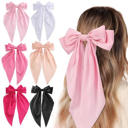 Unbednigt Hair Bows for Women, 6 PCS Silky Satin Hair Clips, Large Bow Hair Barrettes, Oversized Long Tail, Pink Color, Metal Bow Hair Clips, Aesthetic Hair Accessories