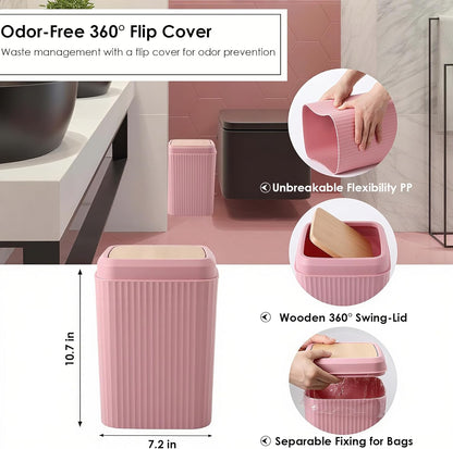 Pink Bathroom Accessories Set, 10 Pieces Bamboo Bathroom Set with Trash Can, Tray, Soap Dispenser, Soap Dish, Toothbrush Holder, Toothbrush Cup, Tissue Holder, Toilet Brush and Qtip Holders