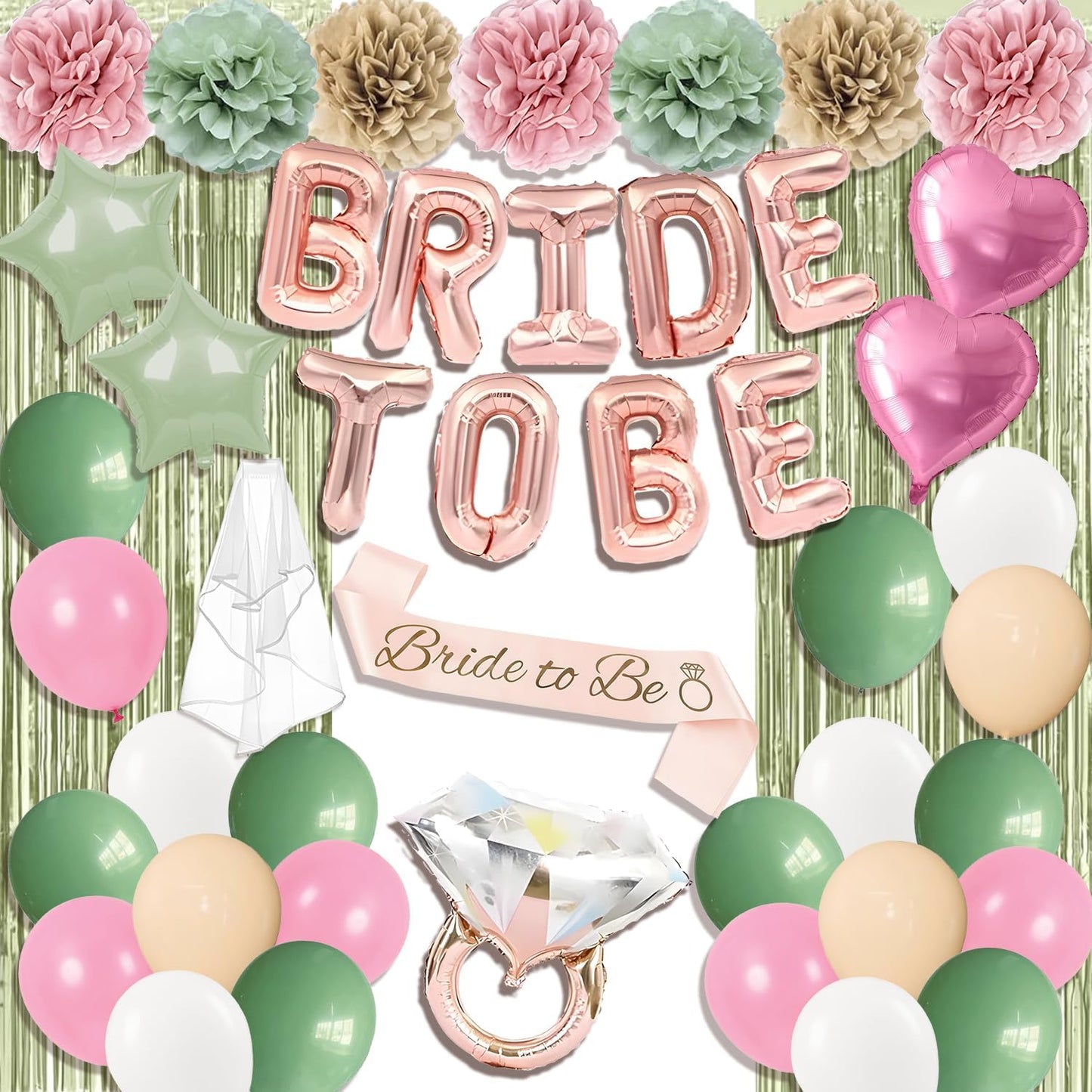 Bachelorette Party Decorations Bridal Shower Decorations 38PCS Pink and Green Party Decorations Included Bride to Be Balloons Sash Veil and Foil Curtains for Bachelorette Party Supplies