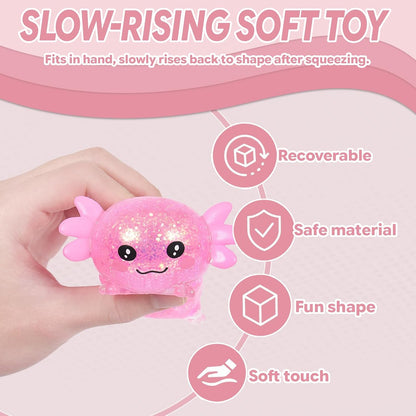 Lying Axolotl Squishy Toy - 1 Pcs Glitter Slow Rising Squeeze Toy, Maltose Filled TPR Stress Relief Fidget Toy, Cute Transparent Handheld Desk Pet Sensory Toy, Age 3+ (Pink)