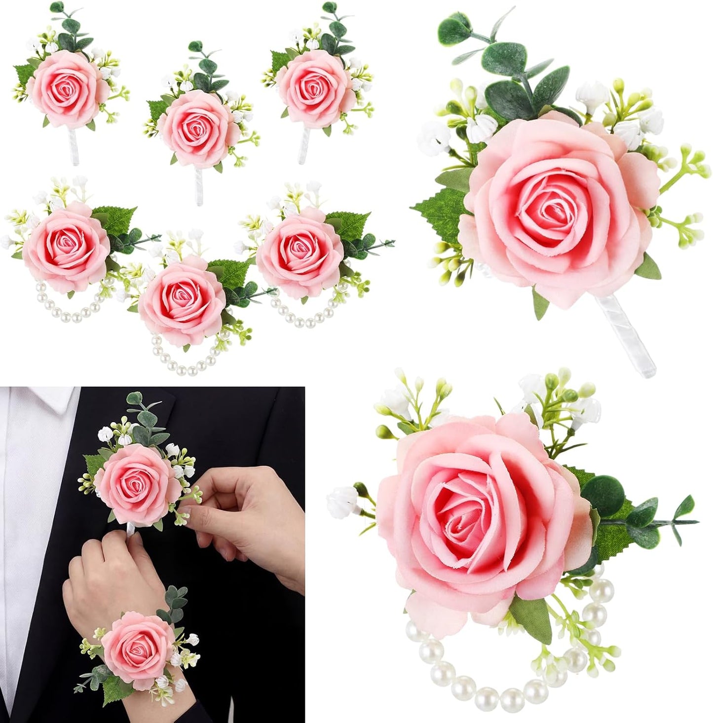 Canlierr 6 Pcs Rose Corsage and Boutonniere Set for Men Women Bride Bridesmaids Rose Wrist Corsages Bracelets Artificial Boutonniere for Wedding Party Suit Flower Accessories(Pink)