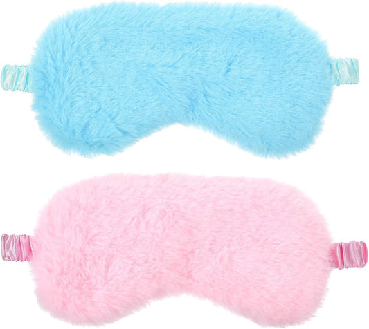 2 Pcs Plush Fluffy Eye Mask, Soft Sleeping Blindfold Eye Cover Comfortable Satin Back Faux Fur Nap Eyes Cover Cute Fluffy Furry Sleeping Blindfold for Men Women Gift (Pink, Blue)