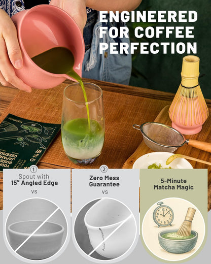 Nucookery Matcha Whisk Set - 5 Pcs Matcha Set with 18oz Ceramic Matcha Bowl (Chawan) with Spout, Bamboo Whisk & Holder, Scoop and Sifter | Complete Matcha Kit for Japanese Tea Ceremony (Pink)