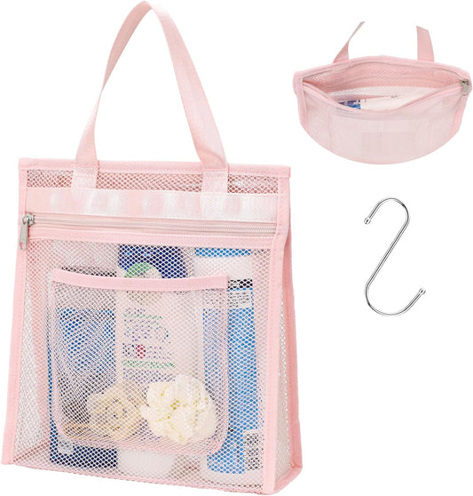 F-color Mesh Shower Caddy Portable Hanging - 3 Pockets Small Shower Bag Tote with Zipper Closure for Camping, Gym Lockers, Travel, Toiletry, Quick Dry Bathroom Essentials with S Hook, Pink