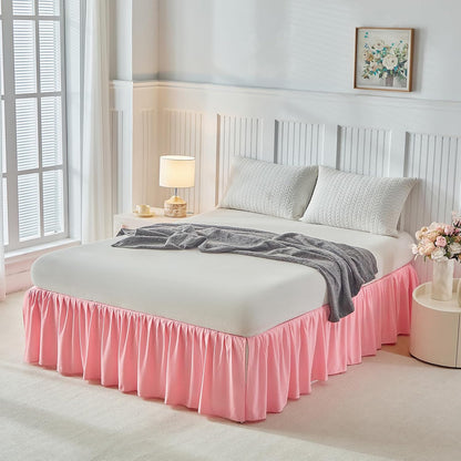 Uozzi Bedding Bed Skirt Queen Size Three Fabric Sides Elastic Dust Ruffled Bed Skirt with Split Corners, Full Ruffles Bed Skirts 16 Inch Drop with Platform, 16'' Queen Pink