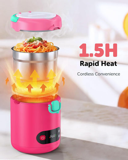 EAST OAK Heated Lunch Box for Kids, 13oz Cordless Electric Lunch Box with Temp Settings & Timer, Portable Food Warmer, 304 Insulated Food Container & Jar, BPA-Free for Early School(Pink)