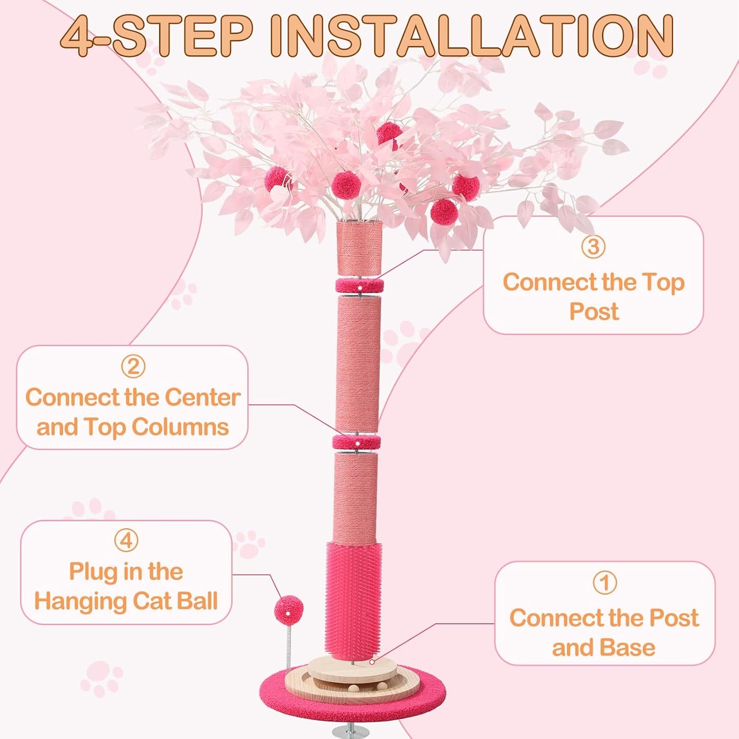 Cat Scratching Post for Indoor Cats Adults, 45 Inch Tall Cat Scratcher with Sisal Rope, Large Cats Scratching Posts with Hanging Ball for Kittens and Medium Large Cats (Pink Color)