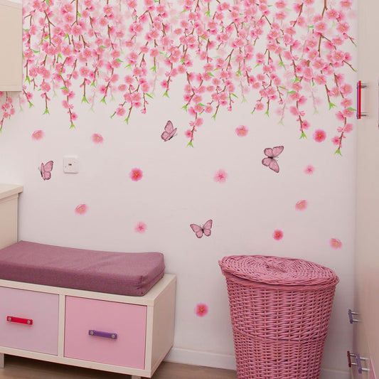 Hanging Pink Vine Wall Decals, Pink Cherry Blossom Art Decor with Birds and Butterflies Stickers,Peel and Stick Waterproof Vinyl Sticker, Living Room Bedroom Sofa