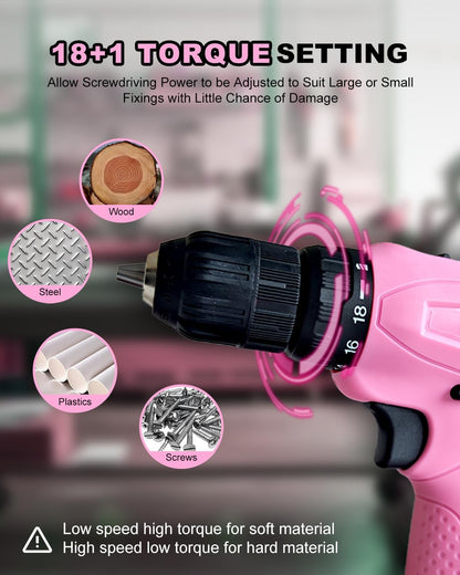 Cordless Drill Set, 12V Power Drill Driver with 2 Battery and Charger, Pink Electric Drill Power Tool for Women DIY Gifts