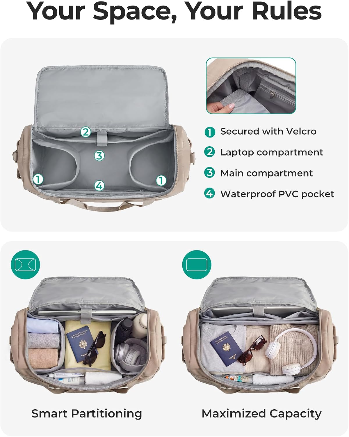 BAGSMART Travel Duffel Bags with Dividers, 32L Gym Duffle Bag with Laptop Compartment, Carry On Weekender Overnight Bag, Shoe Bag, PVC Wet Pocket, Pink