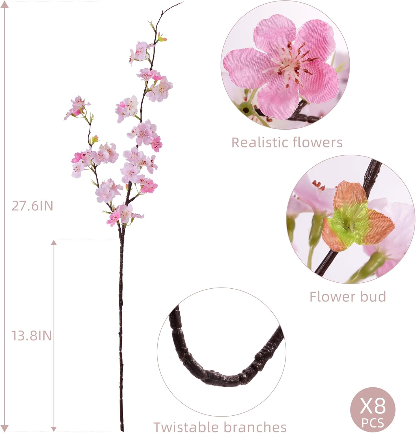 Artificial Cherry Blossom Branches 27.6In Silk Cherry Blossom Branches Long Stem Artificial Flowers for Tall Vase, for Home Decor, Weddings Decor, Parties & Festival Gifts 8PCS ，Pinkish White