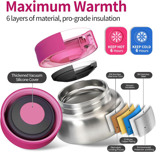 Kids Bento Box for Thermos, [Large Capacity] Insulated Lunch Box Kids with 4 Compartment for Ages 3+, Drop-Proof & Dishwasher Safe Lunchbox Container Pink