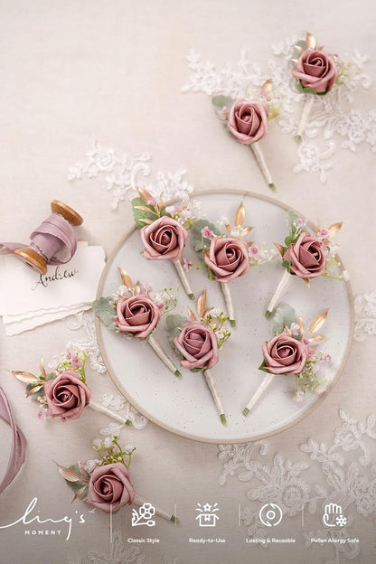 Ling's Moment Boutonniere for Men, 10pcs Groomsmen Guest Boutonniere, Artificial Flowers for Wedding Décor/Prom/Homecoming,etc.Dusty Rose Pink