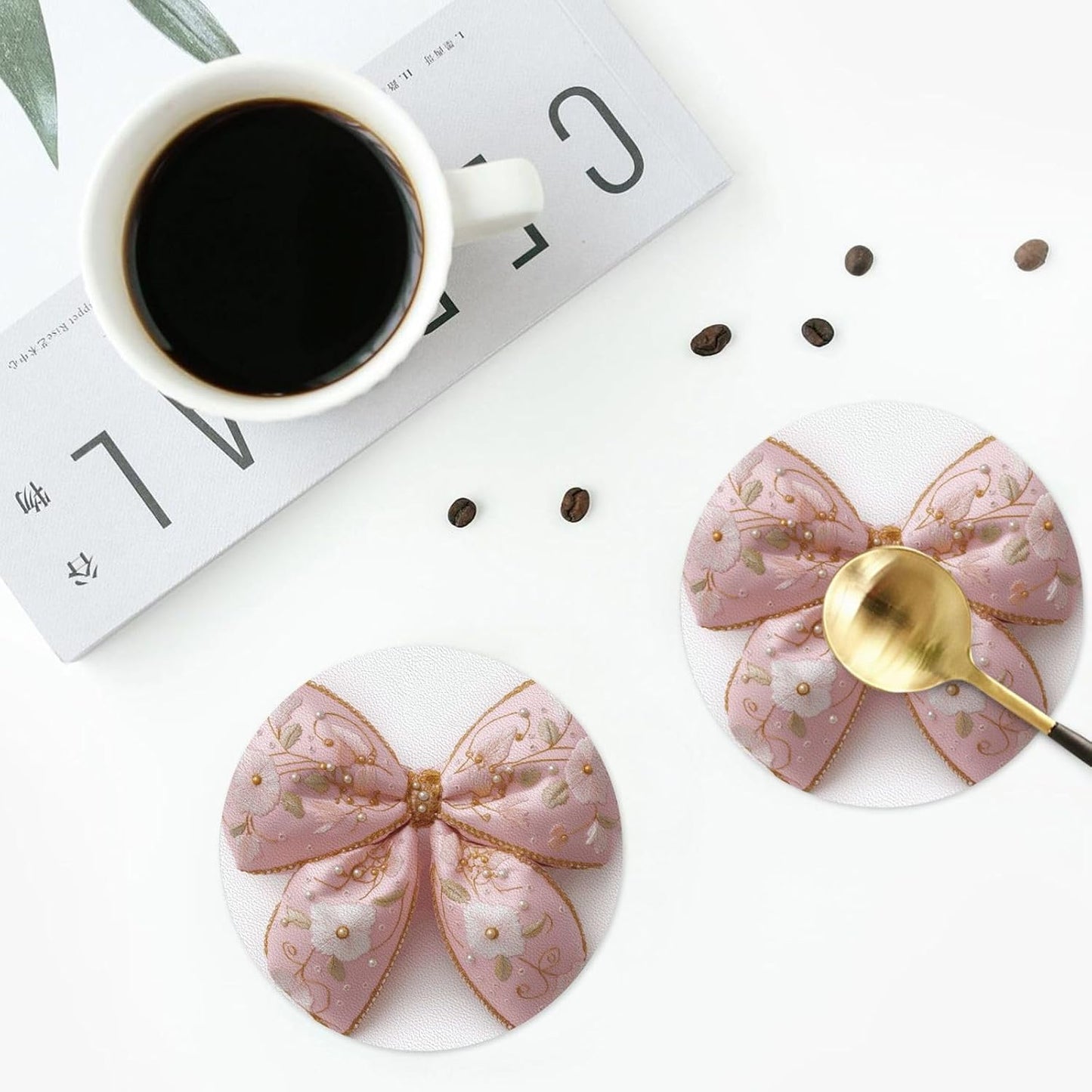 Light Pastel Pink Bow Balloon Embroidered Floral Drinks Coasters Set of 4 Leather Drink Coasters for Tabletop Protection Heat Resistant Bar Cup Mat Pad