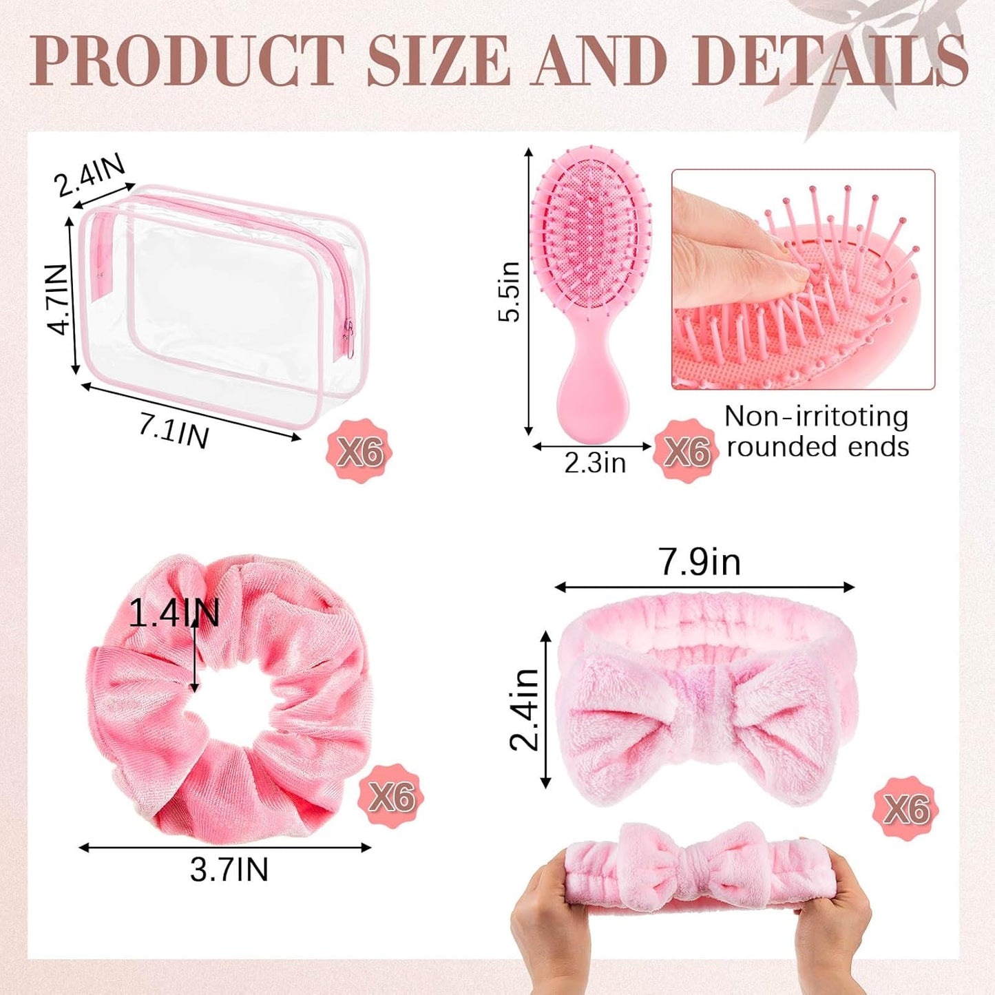 Daifunli 6 Set Pink Spa Party Favors for Women Travel Makeup Brush Bag Mini Hair Brushes Headband Scrunchies for Sleepover Bachelorette Wedding Bridal Shower Party Supplies Bridesmaid Gifts
