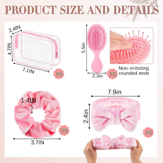 Daifunli 6 Set Pink Spa Party Favors for Women Travel Makeup Brush Bag Mini Hair Brushes Headband Scrunchies for Sleepover Bachelorette Wedding Bridal Shower Party Supplies Bridesmaid Gifts