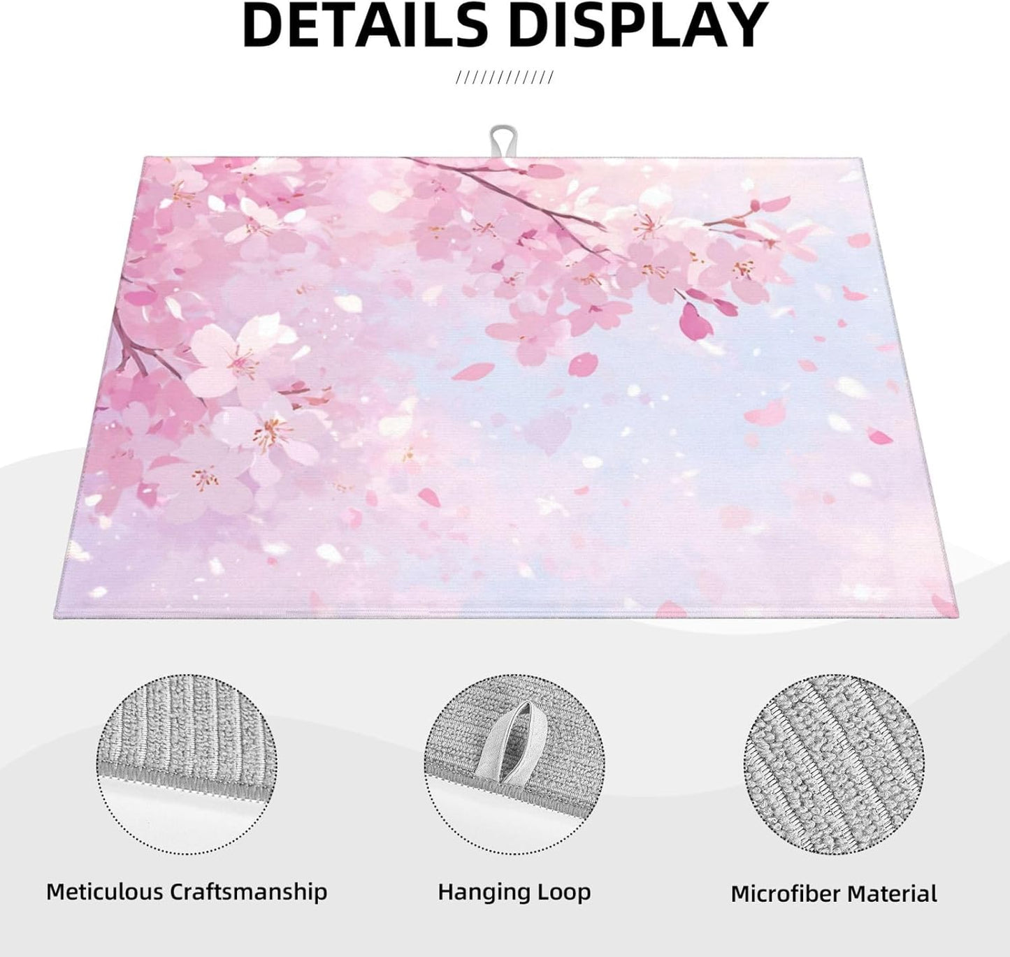 Dish Drying Mat Japanese Art Cherry Blossom Pink for Kitchen Counter Absorbent 18x24 Inch Microfiber Dishes Plate Glass Dry Draining Pad Reversible Washable