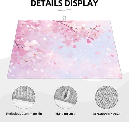 Dish Drying Mat Japanese Art Cherry Blossom Pink for Kitchen Counter Absorbent 18x24 Inch Microfiber Dishes Plate Glass Dry Draining Pad Reversible Washable