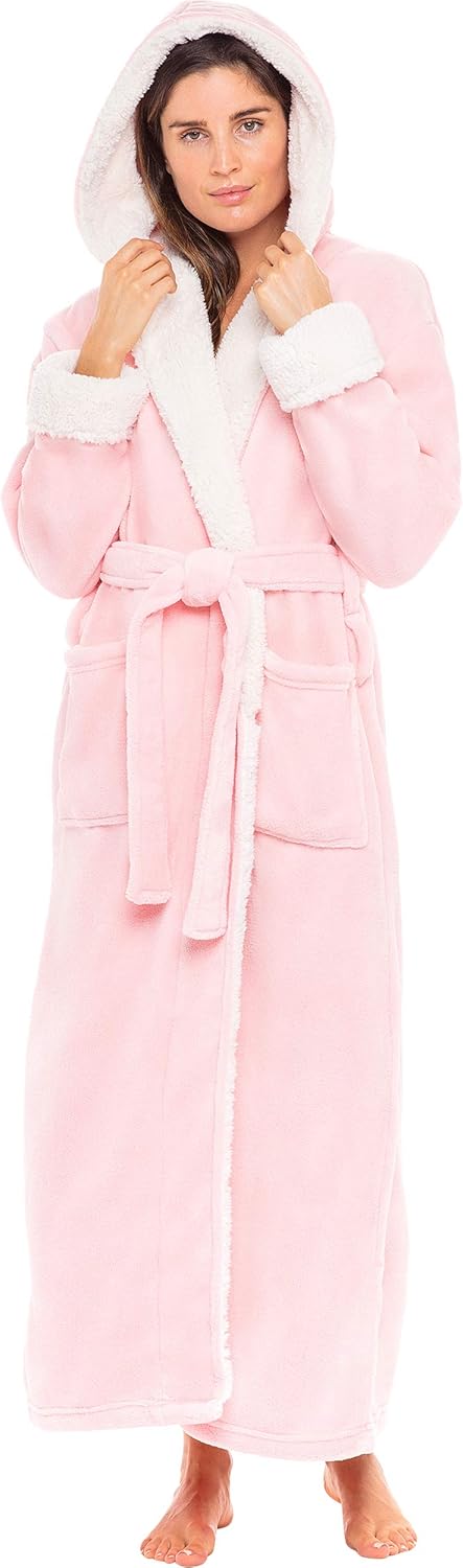 Alexander Del Rossa Sherpa Robes for Women Long, Womens Robes Long Hooded Bathrobes for Women, Plus Size Robe