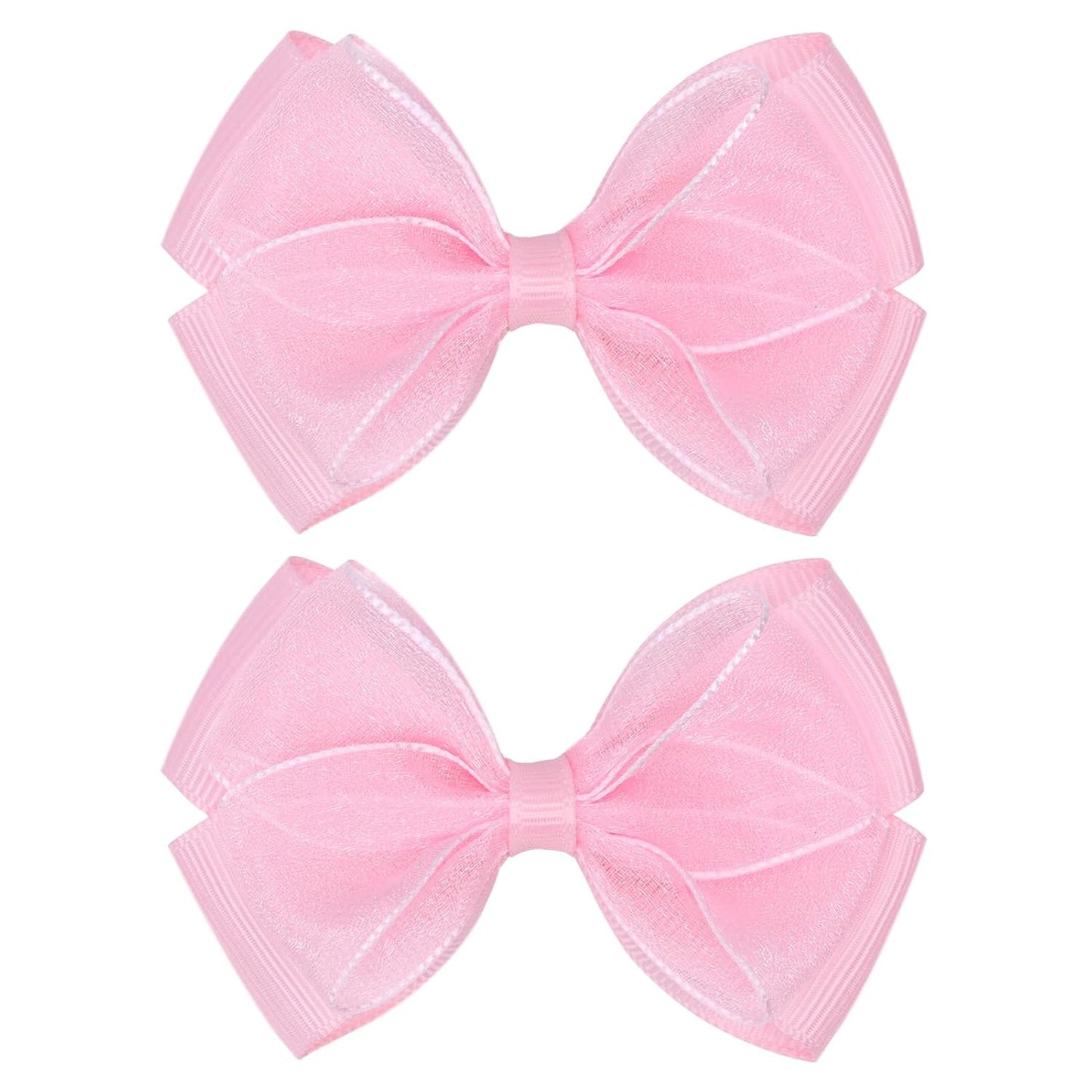 Tiny 3 Inch Organza Double Hair Bow Clips - Lined Boutique Alligator Hairpin for Baby Girls, Toddlers, and Little Teens - Kids Barrettes Set of 2 Small Stylish (Light Pink)