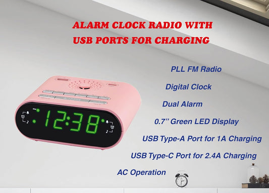 HANNLOMAX HX-158CR Alarm Clock Radio, FM Radio, 0.7" LED Display, 1 USB Port for 1A Charging & 1 USB Port for 2.4A Type-C Charging, AC Operation only (Pink)