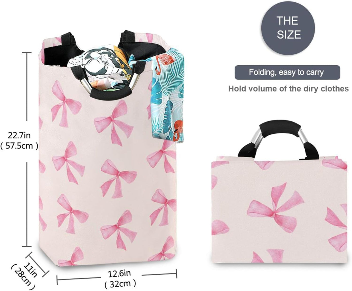 Pink Bow Large Laundry Hamper with Handle, Foldable Clothes Hamper Collapsible Storage Basket for Toys and Clothes Organization in Bedroom, Bathroom, and Laundry Room