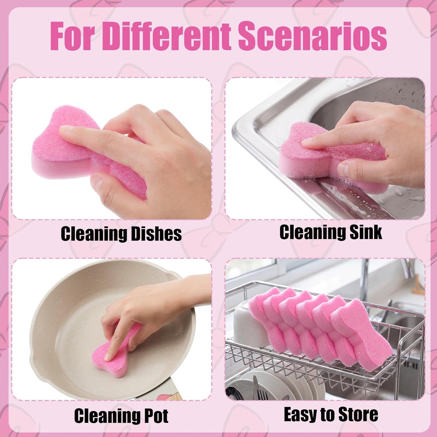 Tioncy 12 Pack Pink Bow Sponges Bulk Preppy Dual Sided Scrubber Cute Pink Bow Sponges Reuseble Non Scratch Dishwashing Kitchen Cleaning Accessories for Cookware Pot Boiler Pan Household