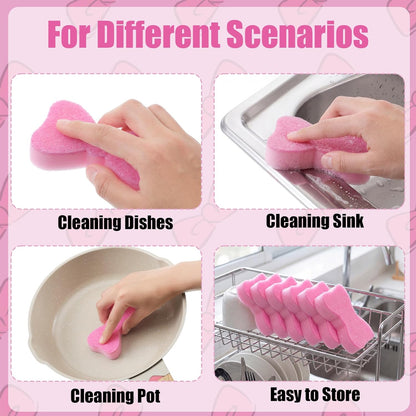 Tioncy 12 Pack Pink Bow Sponges Bulk Preppy Dual Sided Scrubber Cute Pink Bow Sponges Reuseble Non Scratch Dishwashing Kitchen Cleaning Accessories for Cookware Pot Boiler Pan Household