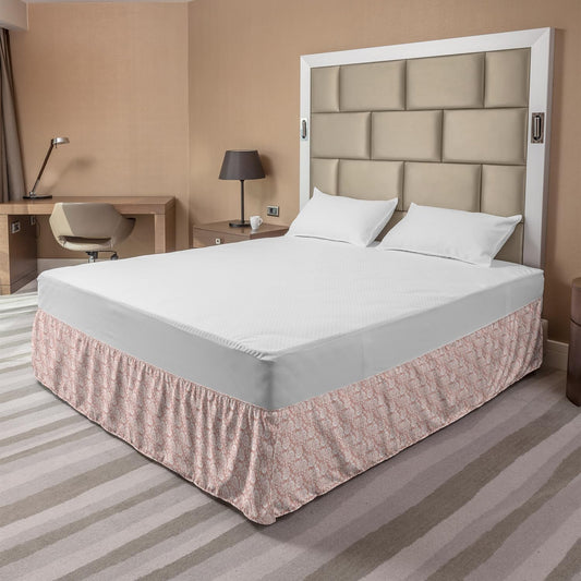 Lunarable Peach Pink Elastic Bed Skirt, Lace Inspired Monochromatic Floral Vernal Mesh Ornamental Roses Composition, Wrap Around Fabric Bedskirt Dust Ruffle for Bedroom, Queen, White and Blush