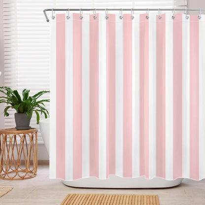 MASLEK Pink and White Striped Shower Curtain for Bathroom, Modern Vertical Stripe Geometric Bathroom Decor Minimalist Aesthetics Bathroom Curtain with Hooks, 72W X 72L Inch