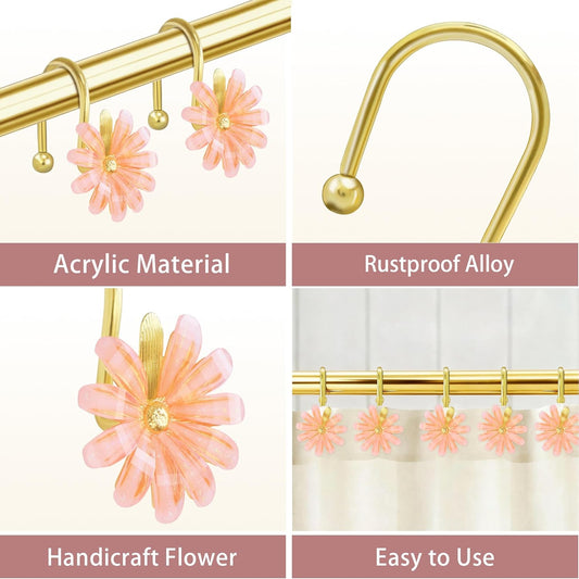 Shower Curtain Hooks, Rust Resistant Cute Daisy Metal Decorative Shower Rings Hangers Set of 12 for Bathroom Curtains,Clothing, Towels (Gold Pink)