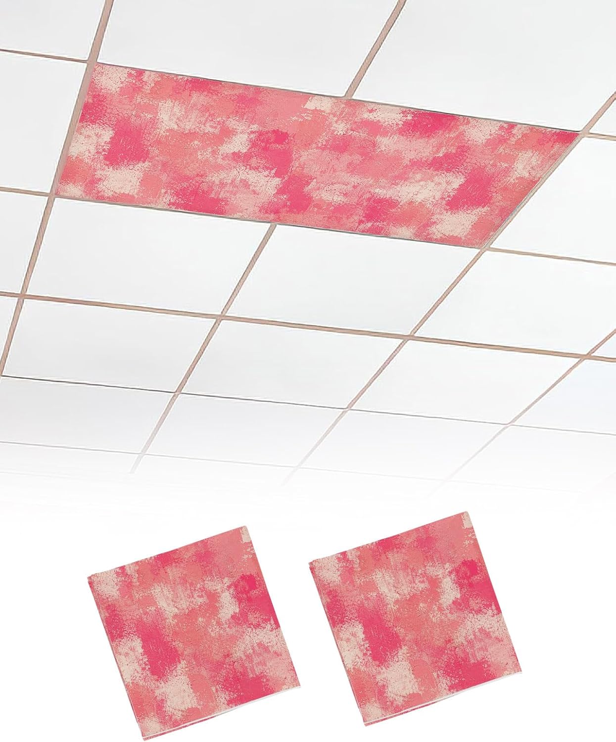 Magnetic Light Cover for Classroom Drop Ceiling, 2 Pack 4x2 Ft Pink Splatters Fluorescent Light Covers for Office Home Ceiling Light Pink Rose Petals Lampshade