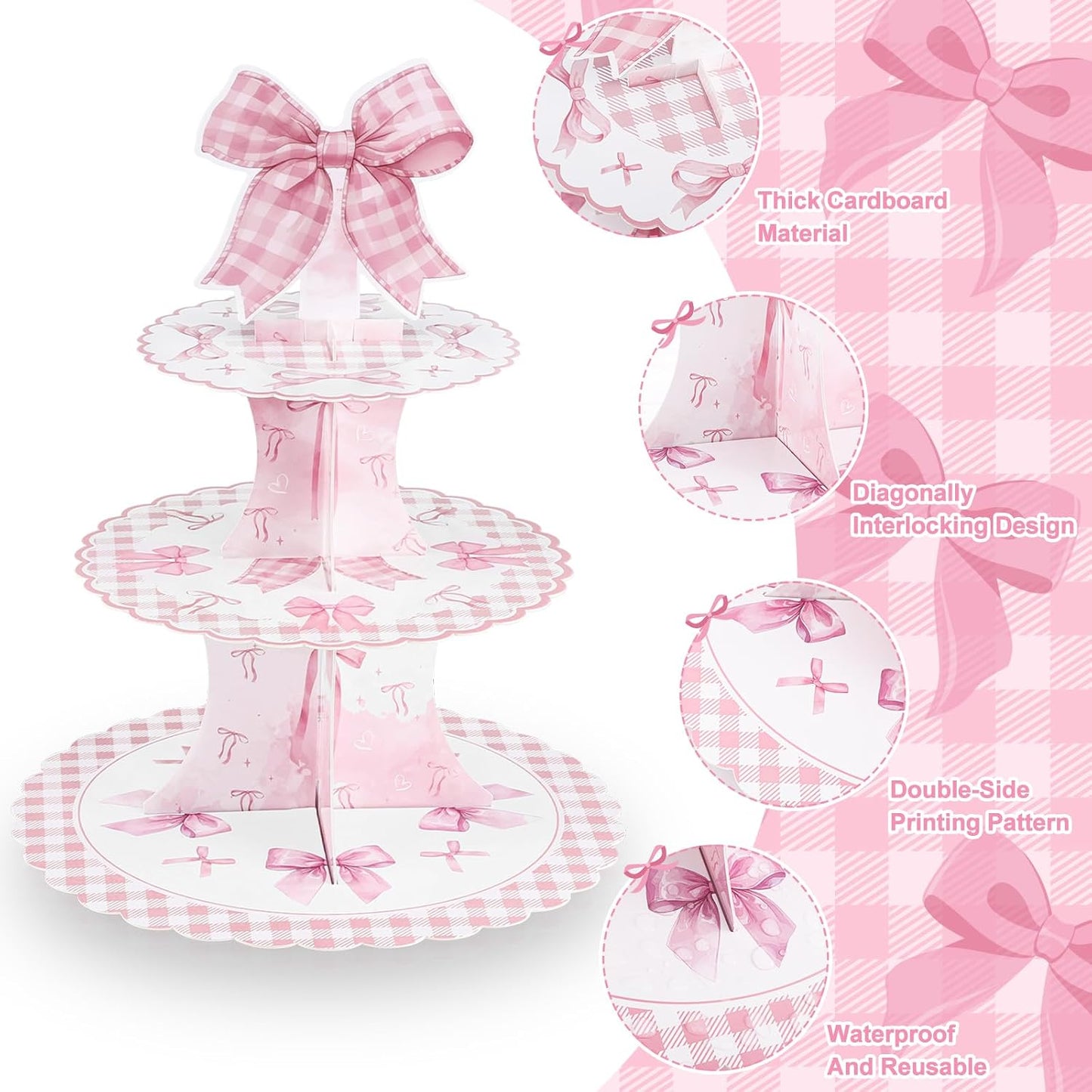 NatNarr 2 Pack Pink Bow Birthday Decorations Bow Cupcake Stand Coquette Theme Birthday Decorations for Women Girls Bachelorette Bridal Engagement Wedding Baby Shower Supplies