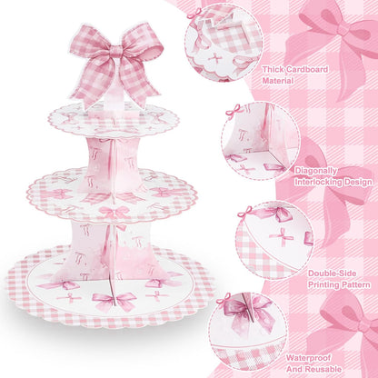 NatNarr 2 Pack Pink Bow Birthday Decorations Bow Cupcake Stand Coquette Theme Birthday Decorations for Women Girls Bachelorette Bridal Engagement Wedding Baby Shower Supplies