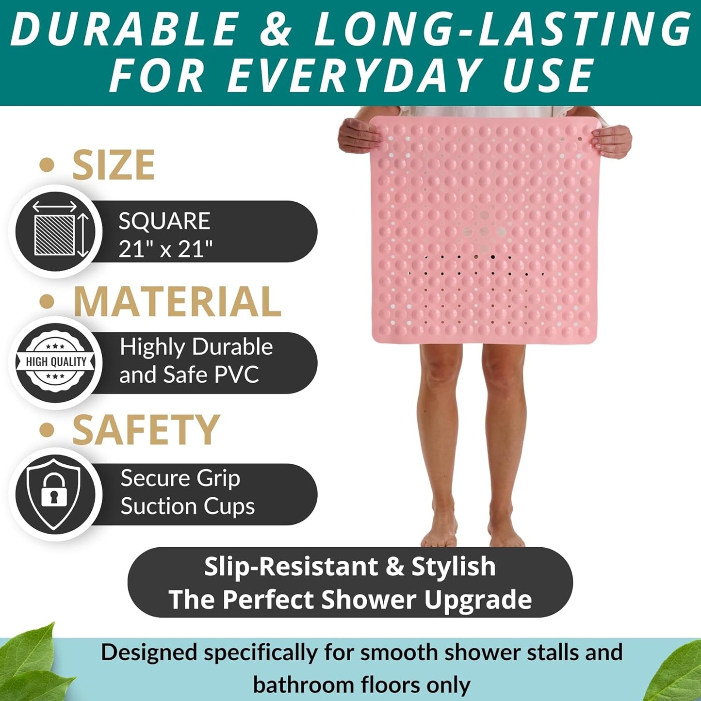 ENKOSI Square Shower Mat – 21 x 21 Inch Non-Slip Mat with Suction Cups and Drain Holes – Anti-Slip Square Bathroom Bathtub Shower Mats for Inside Shower (21x21 Baby Pink)