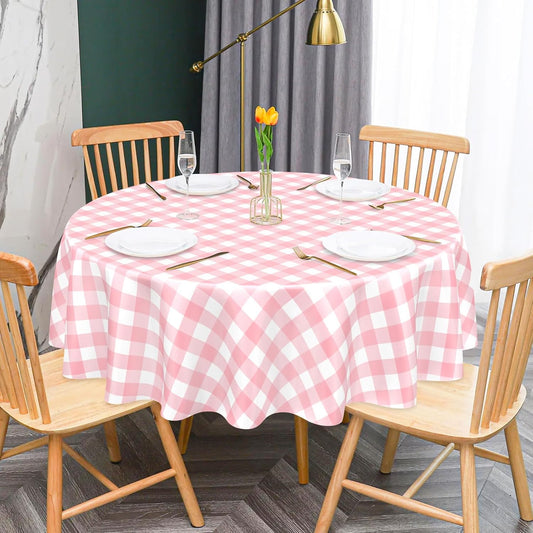 Mulbozy 2 Pcs Pink Gingham Round Tablecloth, 84 inches Disposable Plastic Pink and White Checkered Circle Table Covers for Baby Shower Wedding Bridal Shower Birthday Party Decorations
