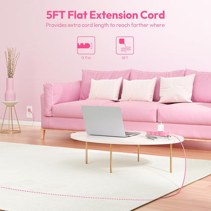Pink Power Strip, NTONPOWER Surge Protector Power Strip, Cute Pink Extension Cord 5FT, 9 Outlets 3 USB (1 USB C), Mounted, 1080J, Multiple Outlets for Home Office, Kawaii, Desk Accessories, Women
