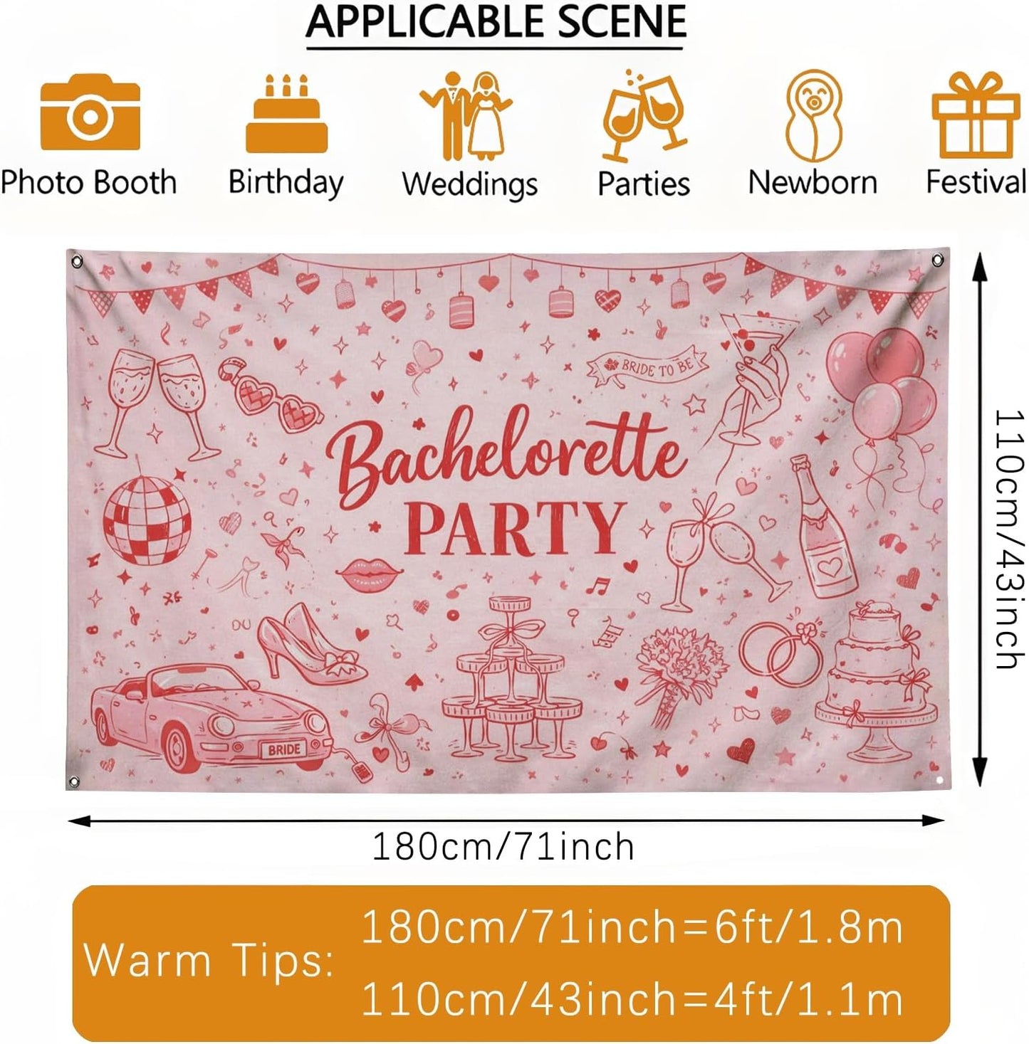 Bachelorette Party Backdrop, Cute Peach Celebration Decorations, Fun Retro Design for Bridal Shower Photo Booth, Festive Indoor/Outdoor Event Supplies 71x43 Inch
