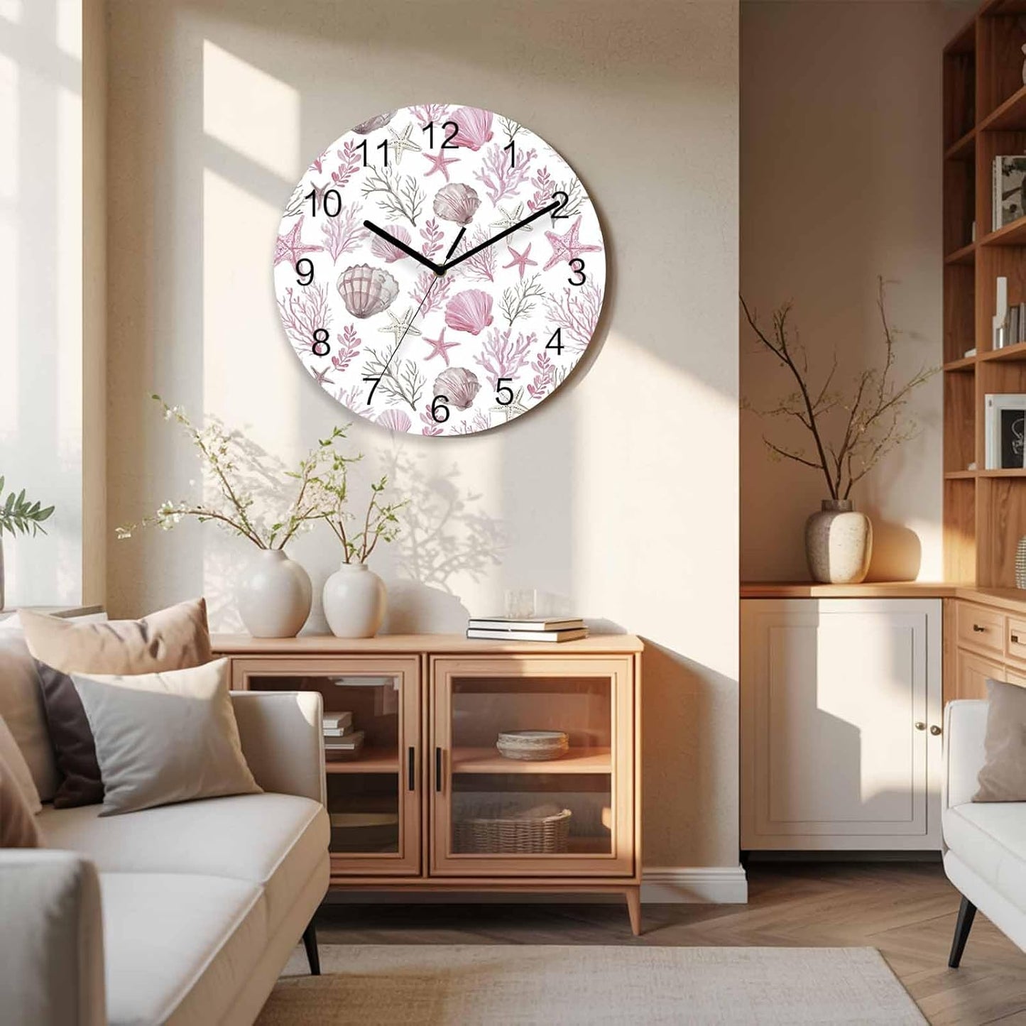 Pink Coastal Wall Clock Battery Operated Non-Ticking 12" Round Wood Clocks, Summer Beach Nautical Coral Starfish Shell Kitchen Wall Clock for School Bathroom Living Room Home Office Wall Decor
