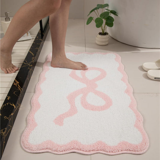 Pink Scalloped Bathroom Mat 26x18, Soft Absorbent Bath Mats, Machine Washable Microfiber Floor Mats for Bathroom Tubs, Sinks and Showers