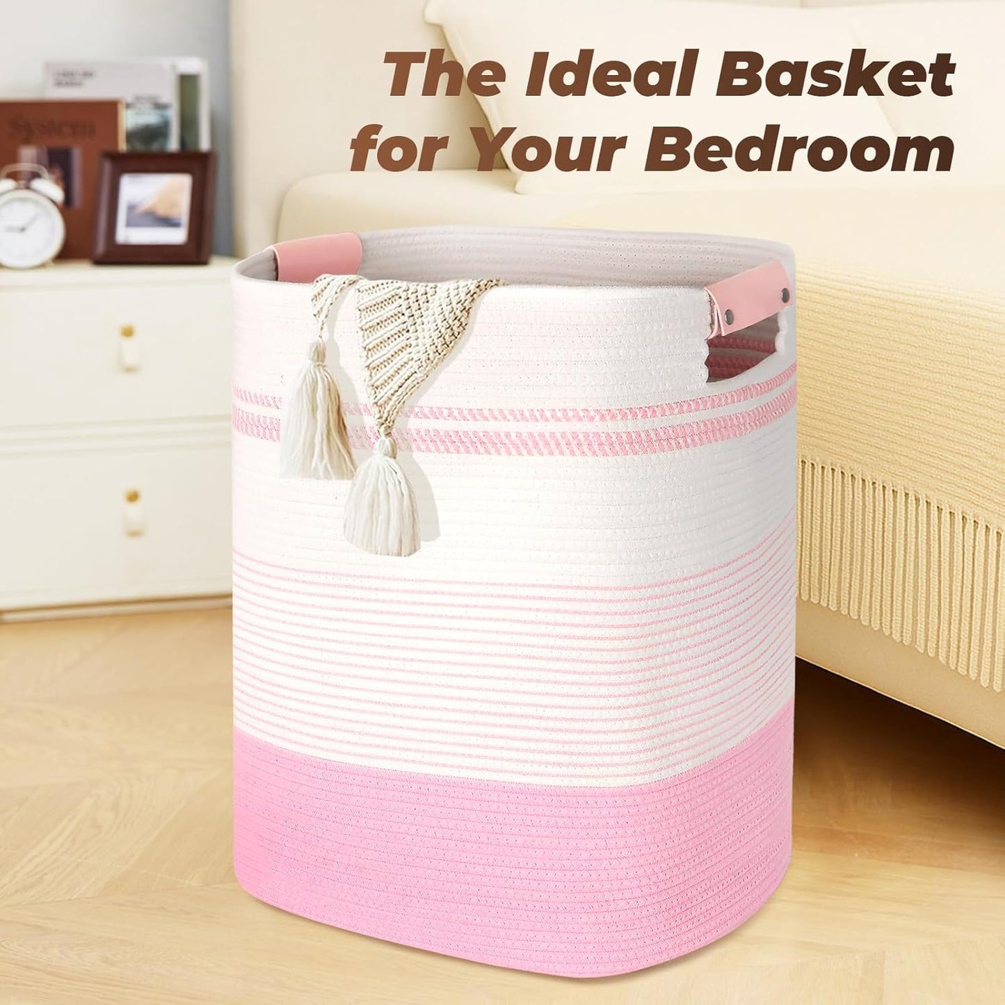 AINUOQI Laundry Basket with Handles - Blanket Basket & Hampers for Bedroom Aesthetic, Laundry Hamper & Blanket Storage for Living Room, Clothes Hamper, Tall, Large 17" x 14" x 22”, Pink & White