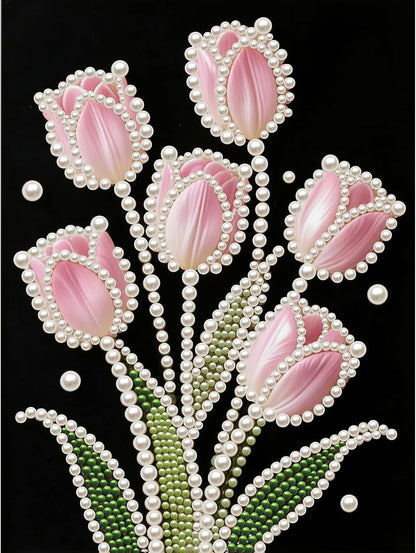 FRANDEK Pink Tulip DIY Pearl Painting Kit, Framed 3D Textured Handmade 30x40cm, Sparkling Gem Art Decor for Living Room, Study, Relaxing Creative Project, Gift for Friends Mother's Day
