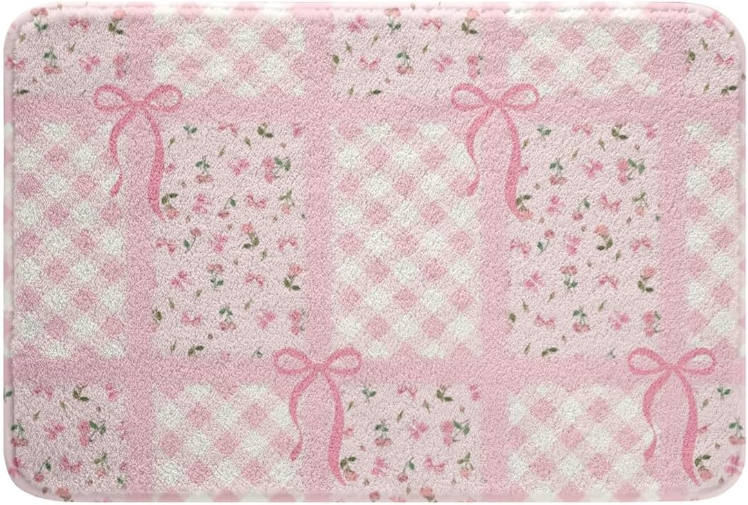 Manfei Cute Bowknot Bath Mats Pink Floral Bow Bathroom Mats Rugs,Geometric Plaid Grid Patchwork Bath Carpets,Kids Boys Girls Room Decor,Non Slip Absorbent Plush Floor Rugs, 20Wx32L Inches