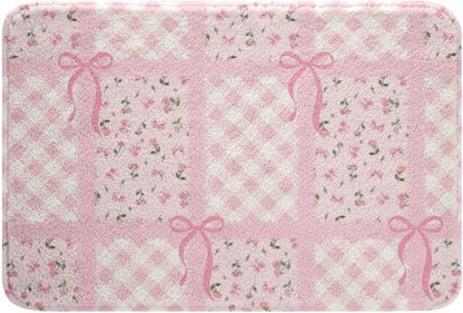 Manfei Cute Bowknot Bath Mats Pink Floral Bow Bathroom Mats Rugs,Geometric Plaid Grid Patchwork Bath Carpets,Kids Boys Girls Room Decor,Non Slip Absorbent Plush Floor Rugs, 20Wx32L Inches
