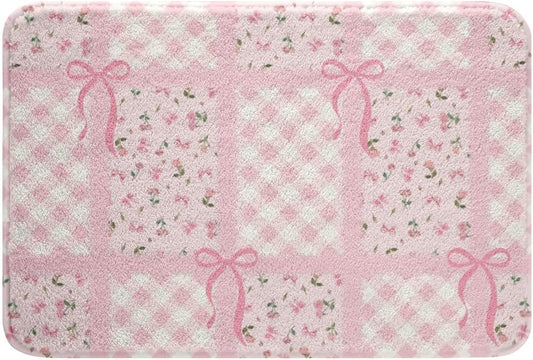 Manfei Cute Bowknot Bath Mats Pink Floral Bow Bathroom Mats Rugs,Geometric Plaid Grid Patchwork Bath Carpets,Kids Boys Girls Room Decor,Non Slip Absorbent Plush Floor Rugs, 20Wx32L Inches
