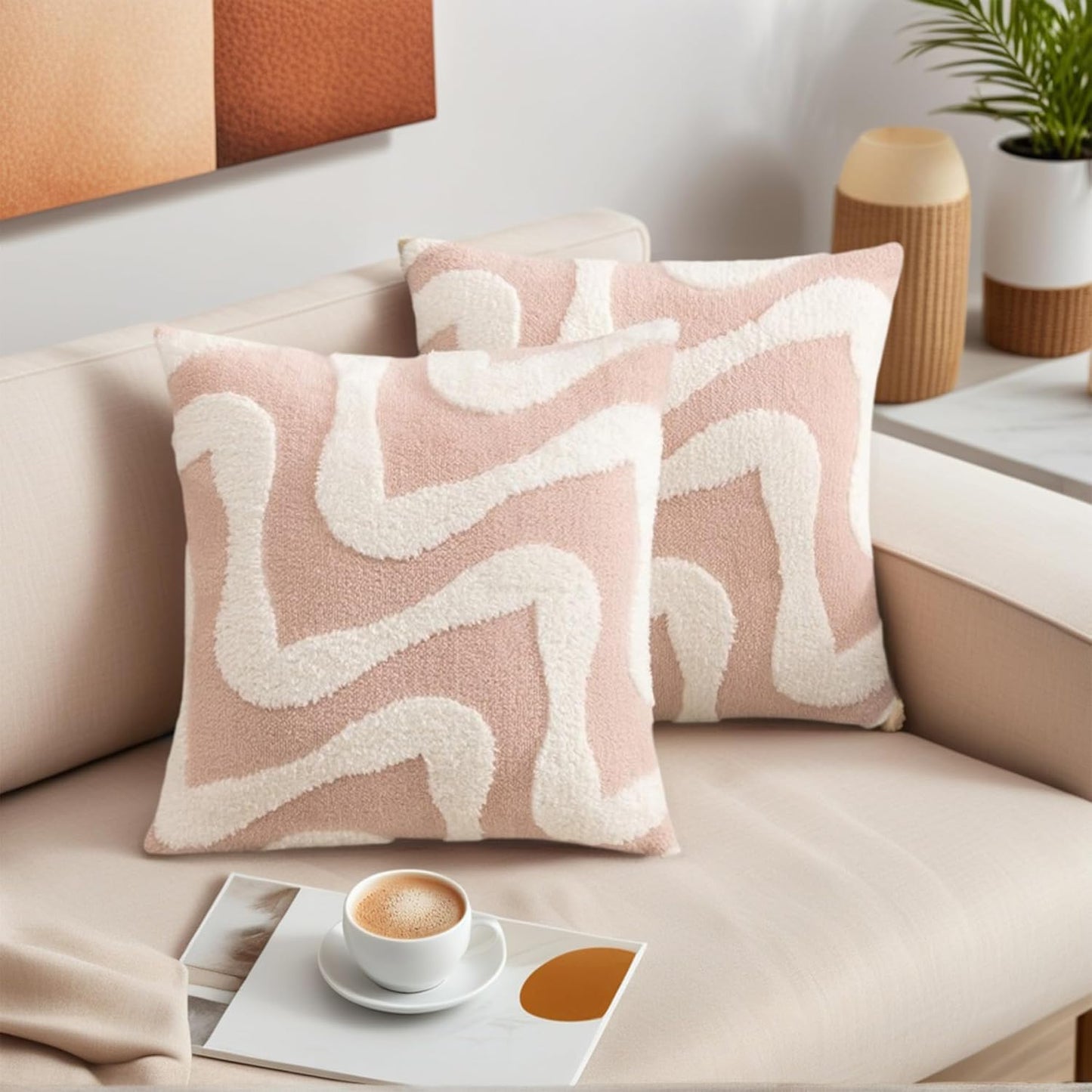 Snowflake Fleece Throw Pillow Cover with Wavy Pattern Cushion Case Modern Pillowcase for Sofa Couch Living Room Home Decor 16 x 16 Inch Pink