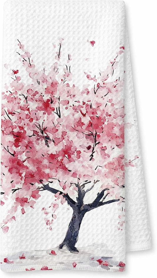 Spring Cherry Blossom Tree Decorative Hand Towels for Bathroom Kitchen, Cherry Blossom Bathroom Decor, Watercolor Pink Sakura Flower Kitchen Dish Tea Towels, 16x24 Inch